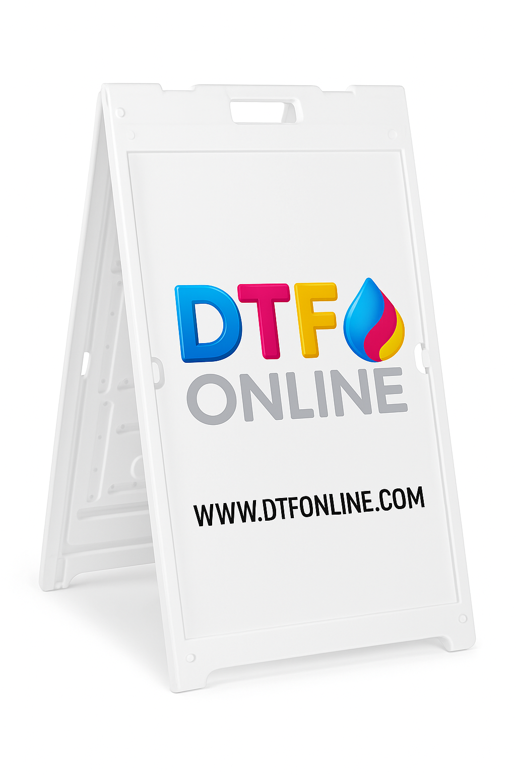 White a-frame sign with colorful 'DTFO' logo and website text on a white background