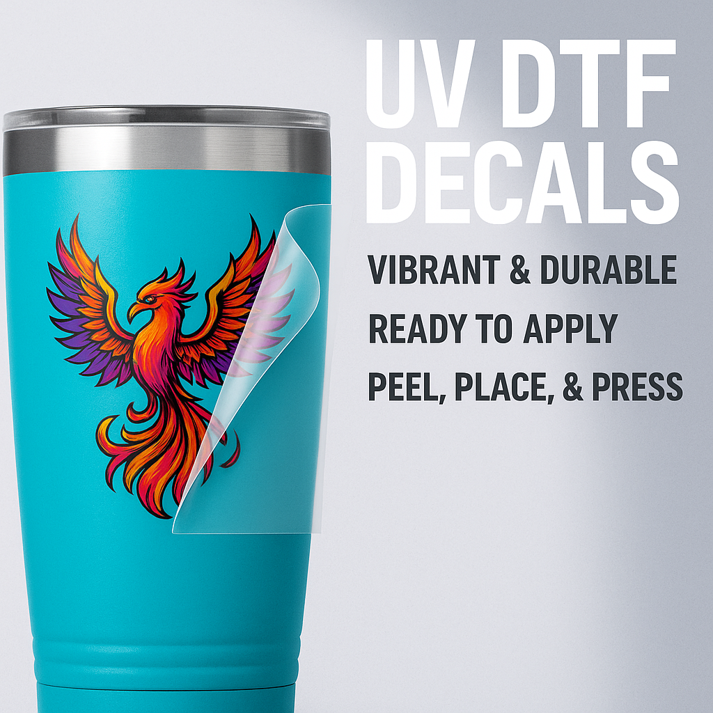 Turquoise tumbler with a colorful phoenix decal and text about UV DTF decals.