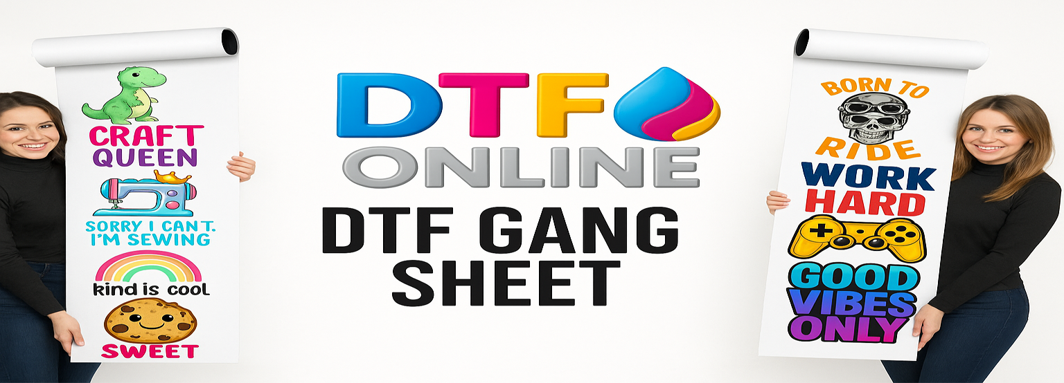 Two people holding up printed DTG sheets with colorful text and graphics, featuring the DTF Online logo.