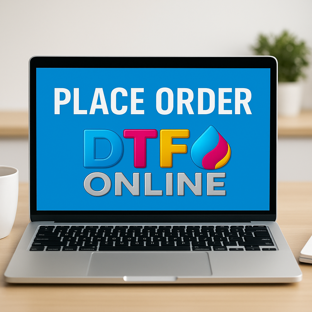 Laptop on a desk with 'Place Order DTF Online' text on the screen