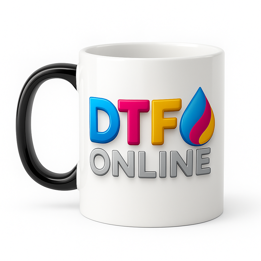 White mug with colorful 'DTF ONLINE' text and logo on a white background
