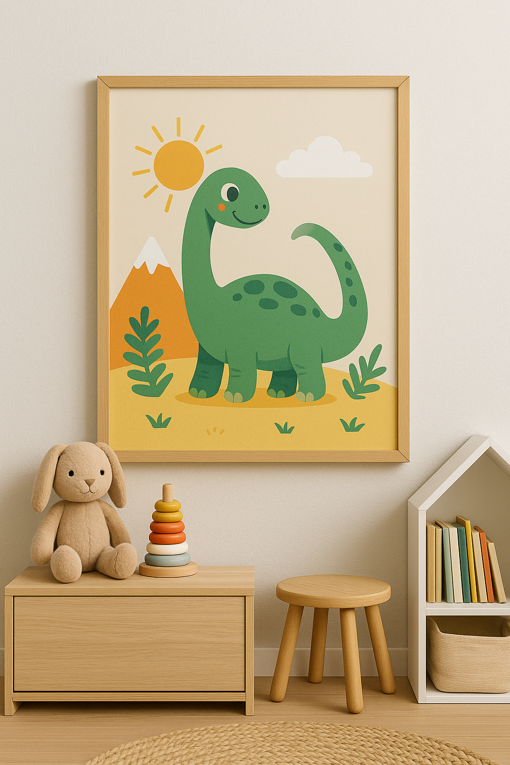 Children's room with a framed dinosaur illustration on the wall, toys on a cabinet, and books on a shelf.