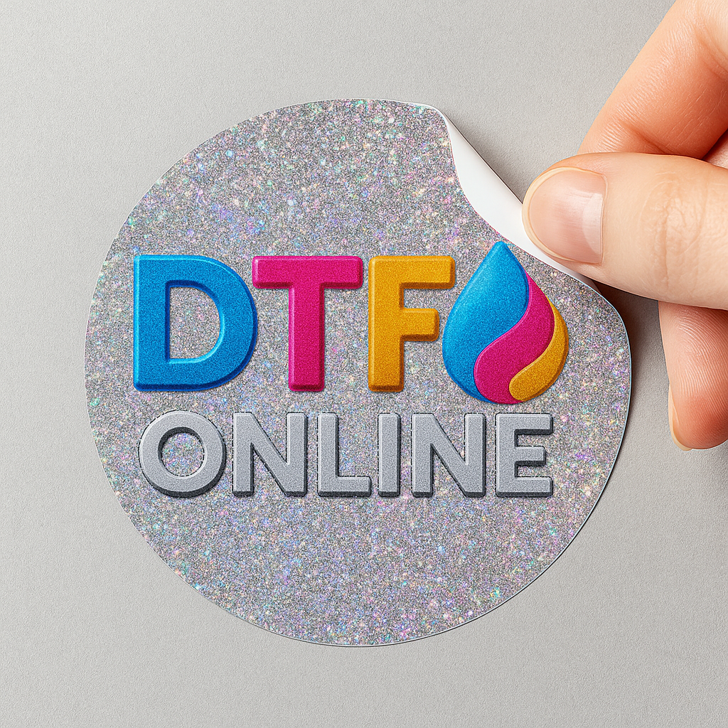 Round glittery sticker with 'DTF ONLINE' text held by a hand on a gray background