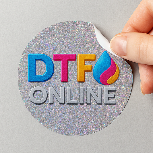 Round glittery sticker with 'DTF ONLINE' text held by a hand on a gray background