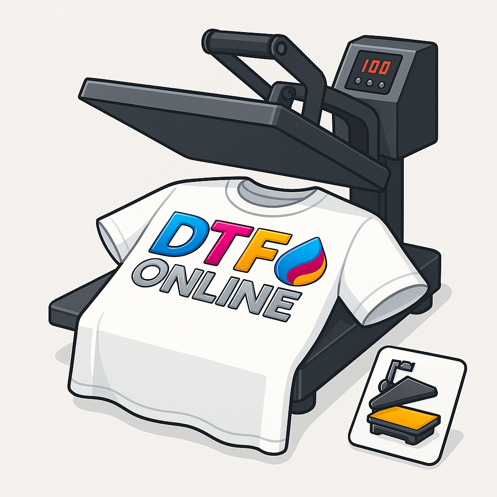 T-shirt with 'DTF ONLINE' text under a digital heat press machine.