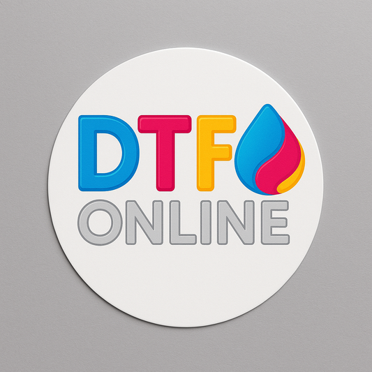 Round sticker with 'DTF ONLINE' text and colorful design on a gray background