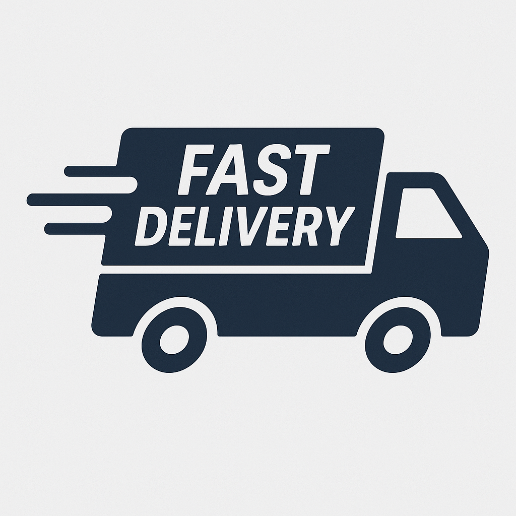 Navy blue delivery truck icon with 'Fast Delivery' text on a light gray background