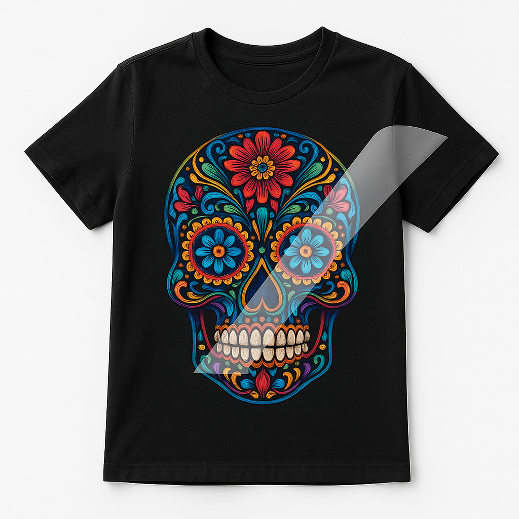 Black t-shirt with a colorful sugar skull dtf design on a white background