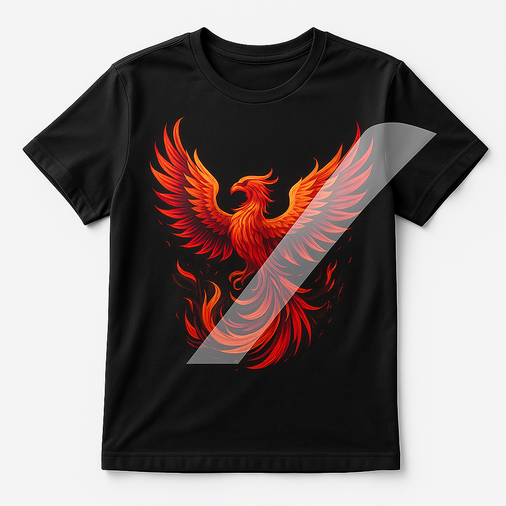 Black t-shirt with an orange phoenix dtf design 