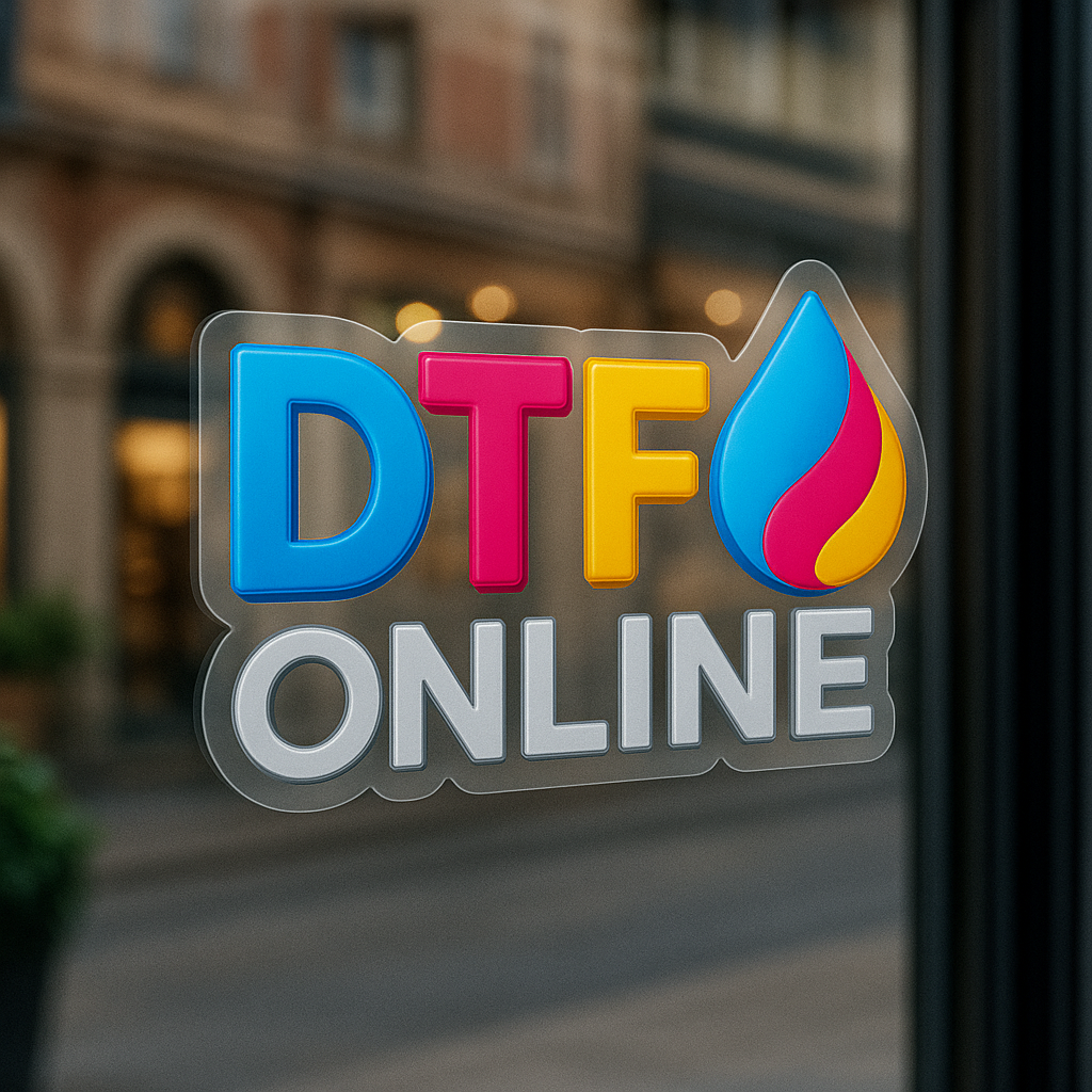 DTF Online clear sticker on a storefront