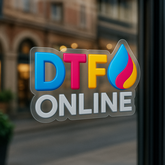 DTF Online clear sticker on a storefront