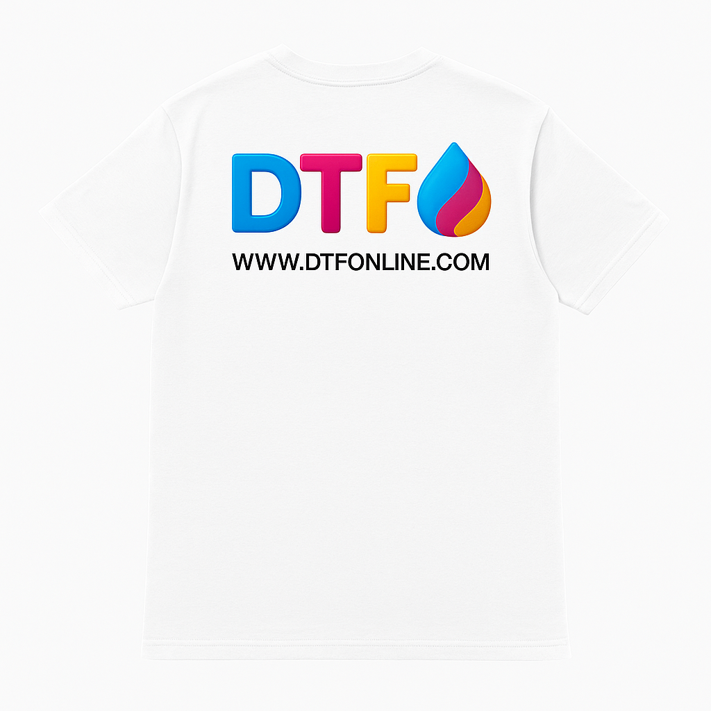 White t-shirt with colorful 'DTFO' logo and website text on a white background