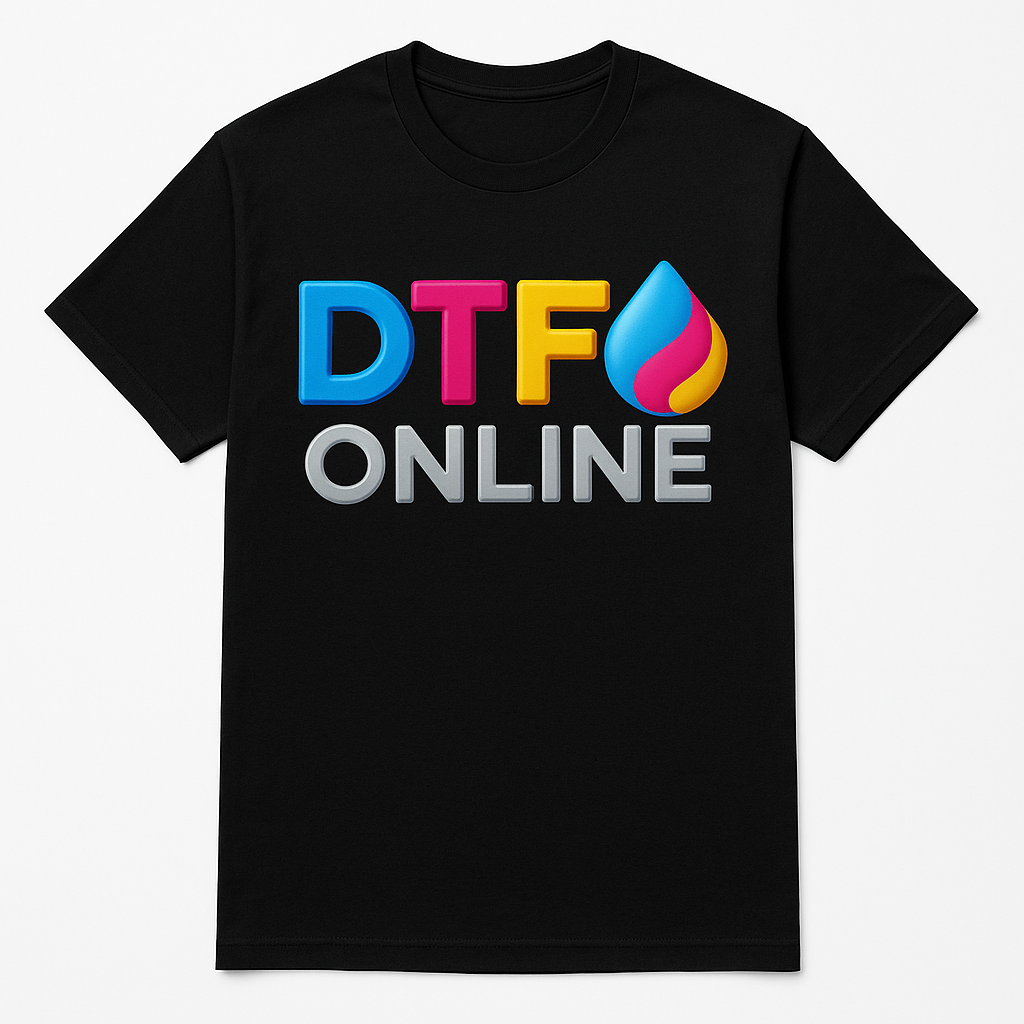 Black t-shirt with colorful 'DTFO ONLINE' text design on a white background