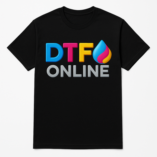 Black t-shirt with colorful 'DTFO ONLINE' text design on a white background