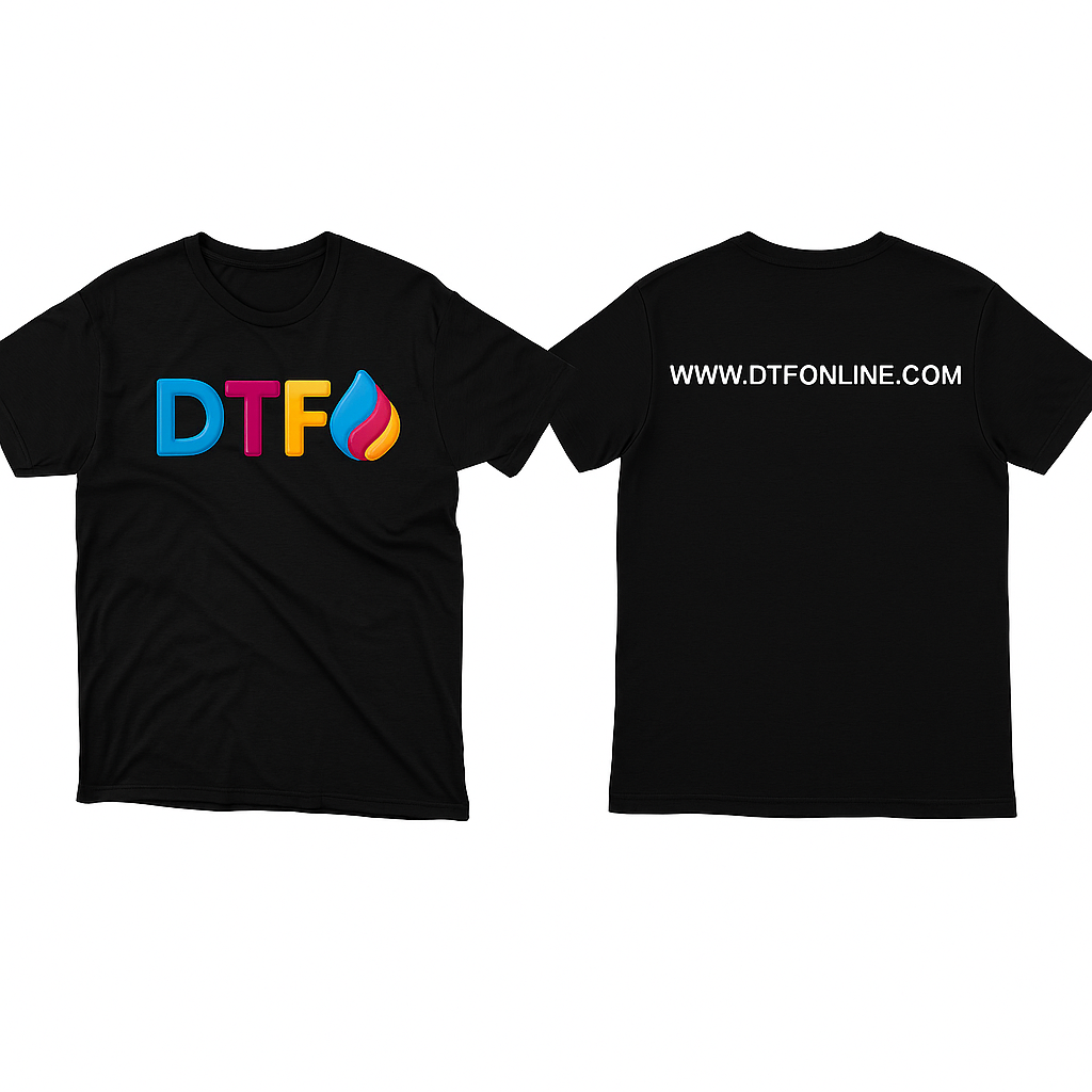Black t-shirt with colorful 'DTF' logo on front and website text on back, on a white background