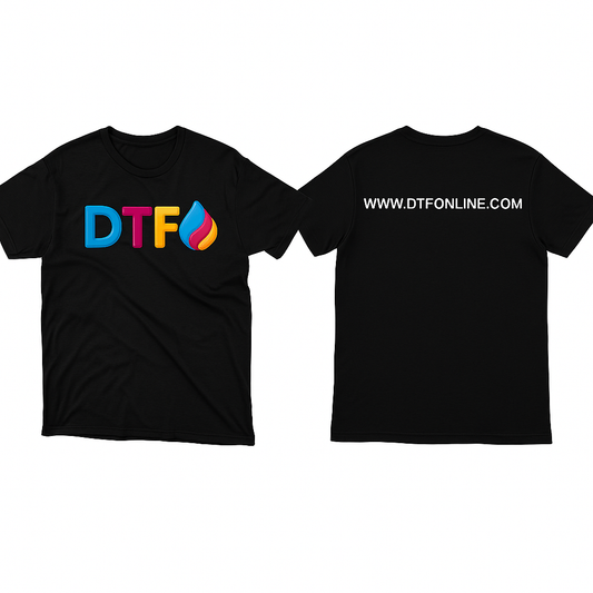 Black t-shirt with colorful 'DTF' logo on front and website text on back, on a white background