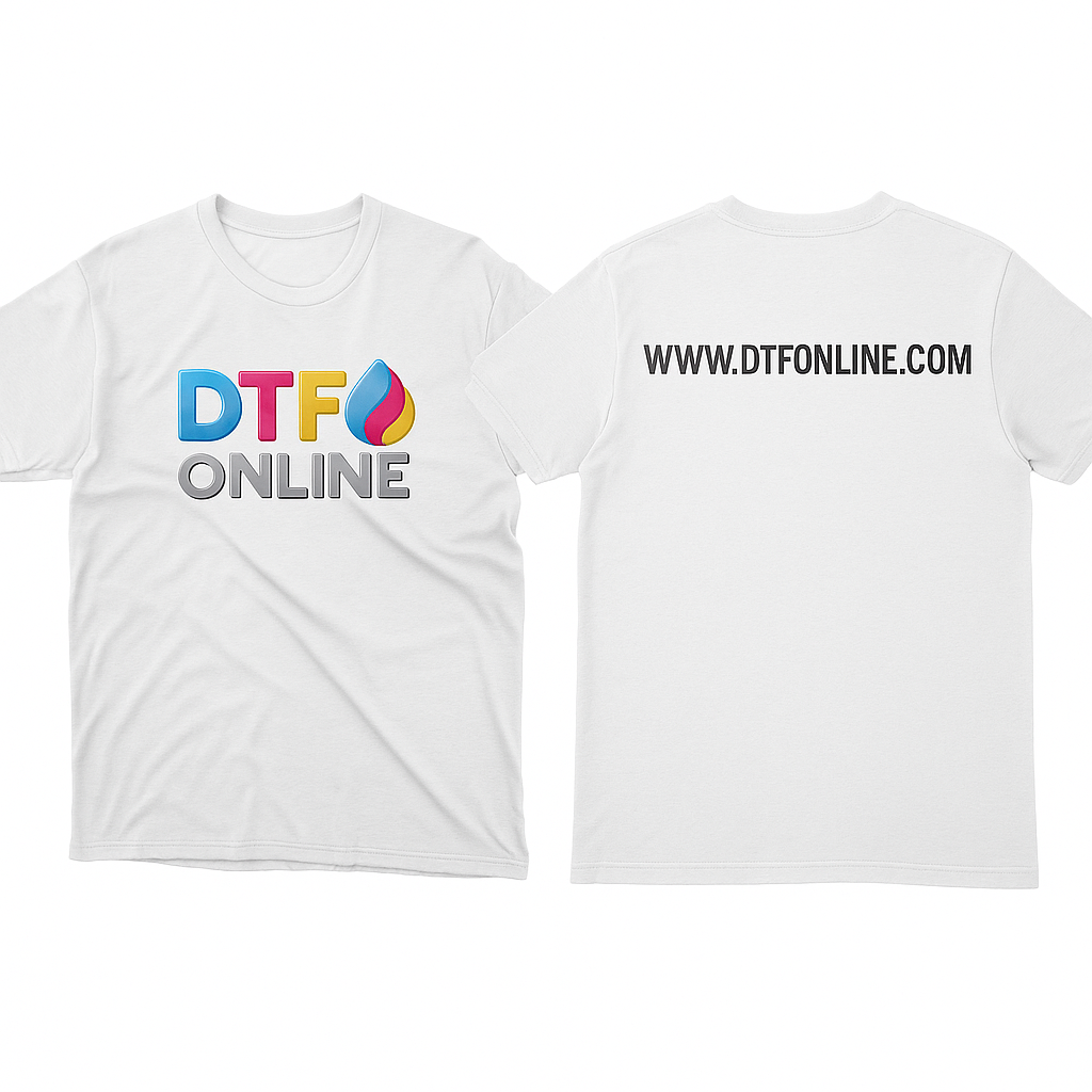 White t-shirt with DTF Online logo on the front and website URL on the back