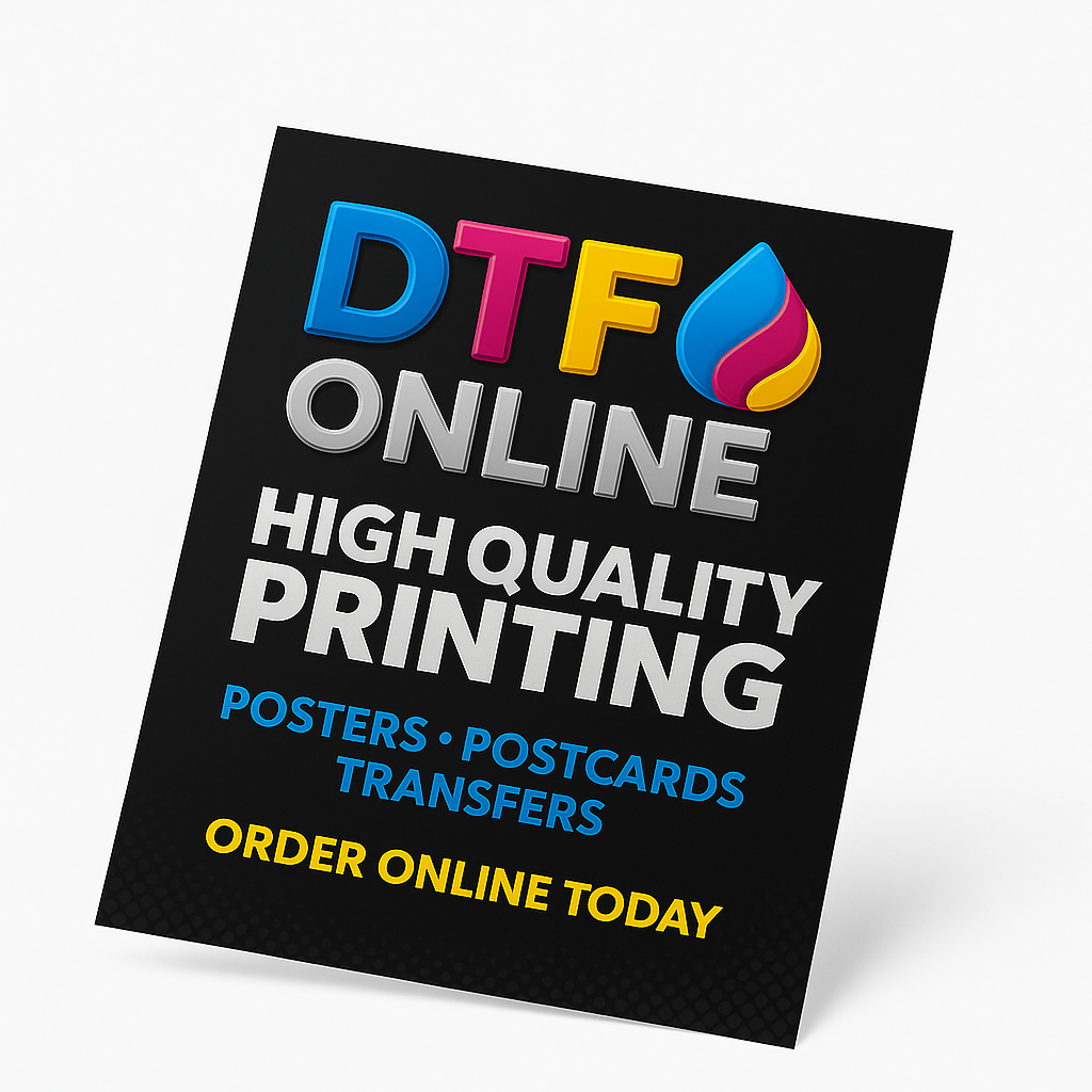 Promotional postcard for DTF online high quality printing services on a black background