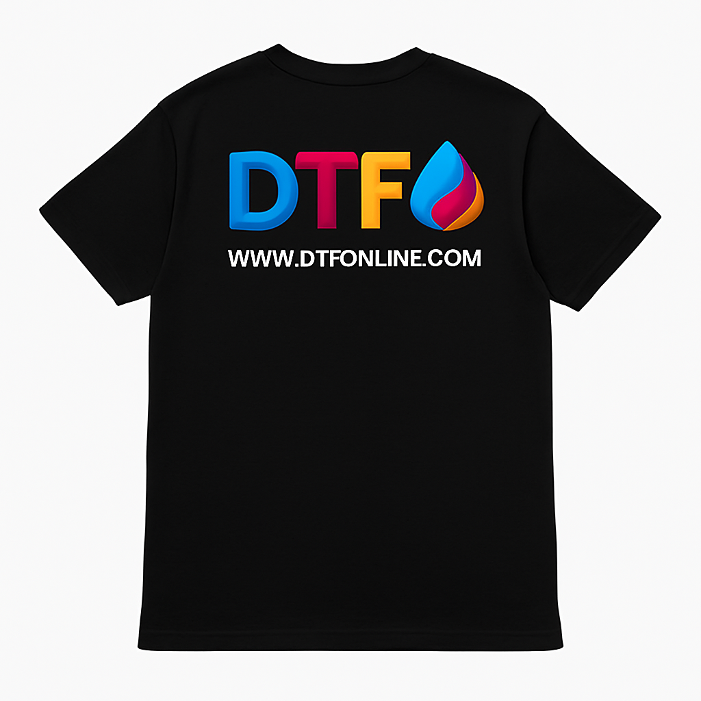 Black t-shirt with colorful 'DTF' logo and website text on a white background