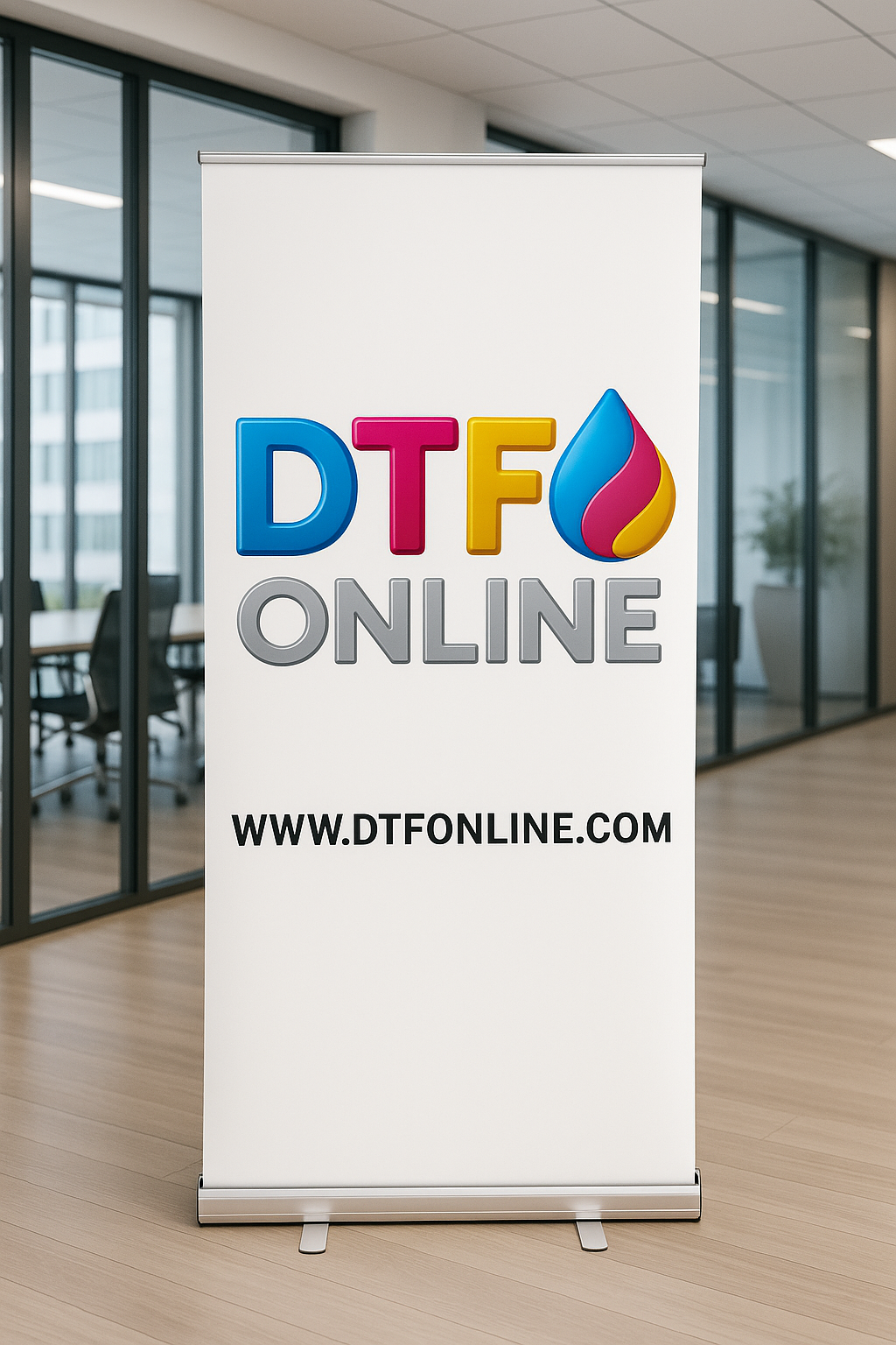 Roll-up banner with DTF Online branding in an office setting