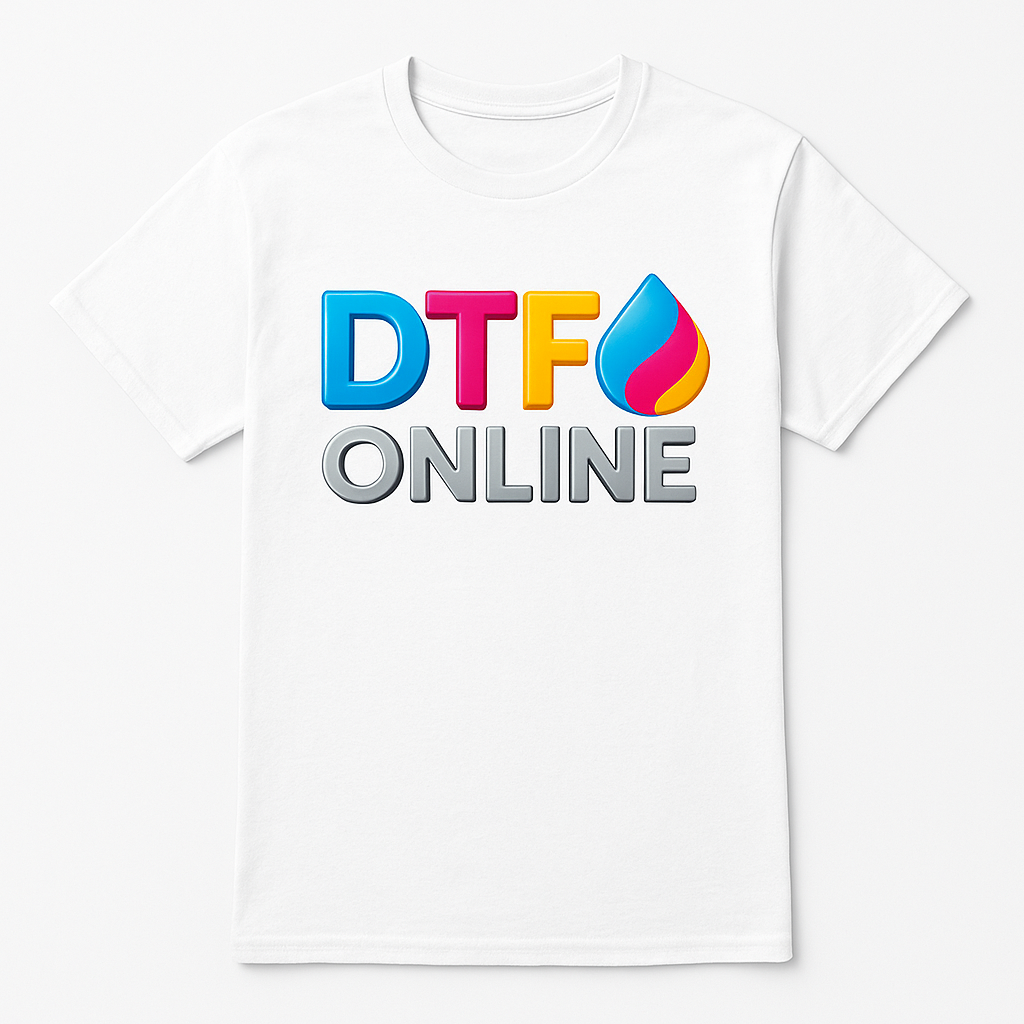 White t-shirt with colorful 'DTFO ONLINE' logo on a white background